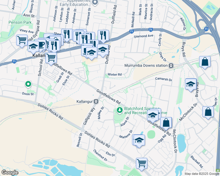map of restaurants, bars, coffee shops, grocery stores, and more near 12 Bunbury Street in Murrumba Downs