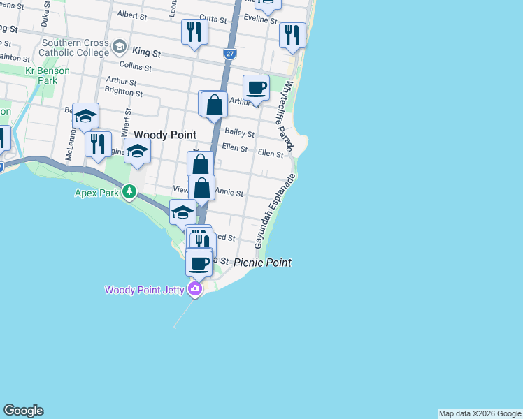 map of restaurants, bars, coffee shops, grocery stores, and more near 30 Gayundah Esplanade in Woody Point