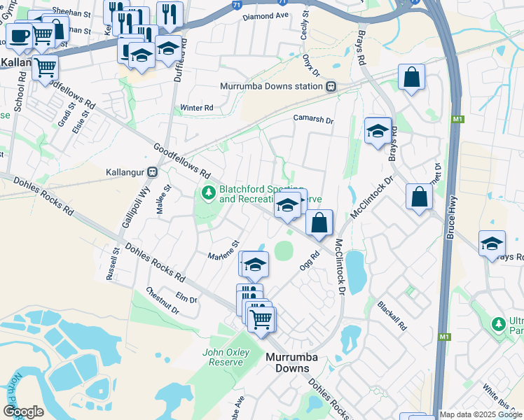 map of restaurants, bars, coffee shops, grocery stores, and more near 201 Goodfellows Road in Murrumba Downs