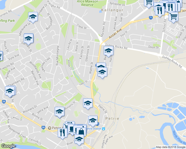map of restaurants, bars, coffee shops, grocery stores, and more near LOT 3 Anzac Avenue in Kallangur