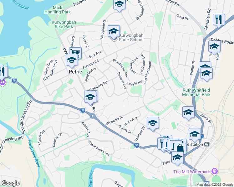 map of restaurants, bars, coffee shops, grocery stores, and more near 3 Styles Road in Petrie