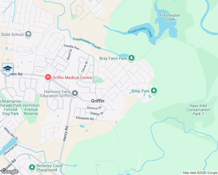 map of restaurants, bars, coffee shops, grocery stores, and more near 37 Bergamot Circuit in Griffin