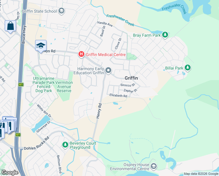 map of restaurants, bars, coffee shops, grocery stores, and more near 43 Mistral Crescent in Griffin