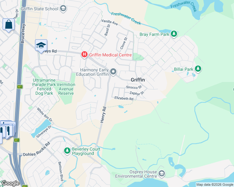 map of restaurants, bars, coffee shops, grocery stores, and more near 12 Boreas Street in Griffin