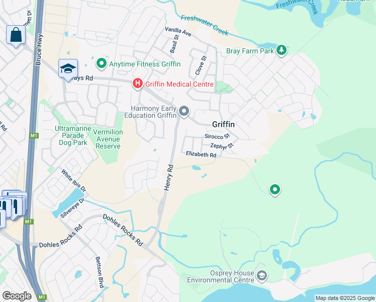 map of restaurants, bars, coffee shops, grocery stores, and more near 13 Elizabeth Road in Griffin