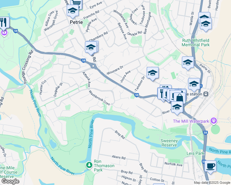 map of restaurants, bars, coffee shops, grocery stores, and more near 40 Washbrook Crescent in Petrie