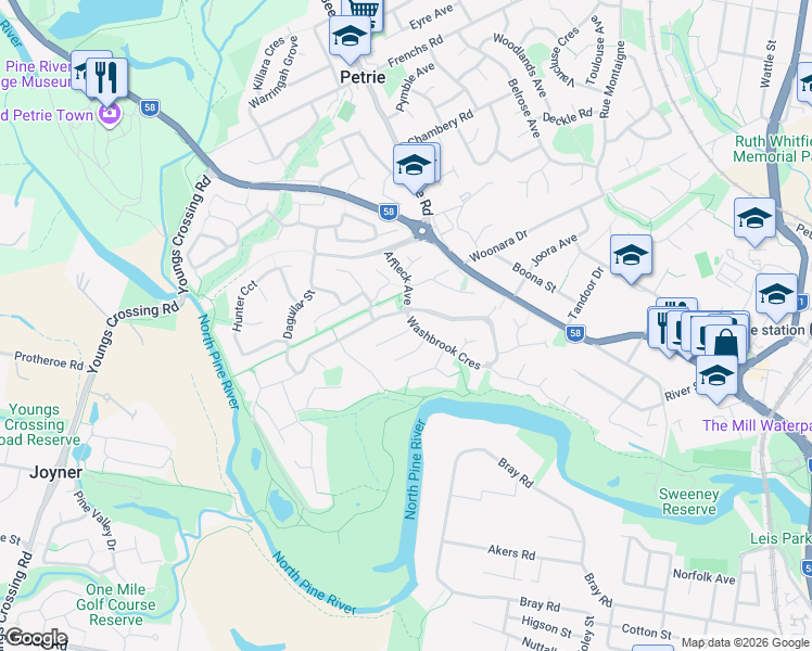 map of restaurants, bars, coffee shops, grocery stores, and more near 4 Washbrook Crescent in Petrie