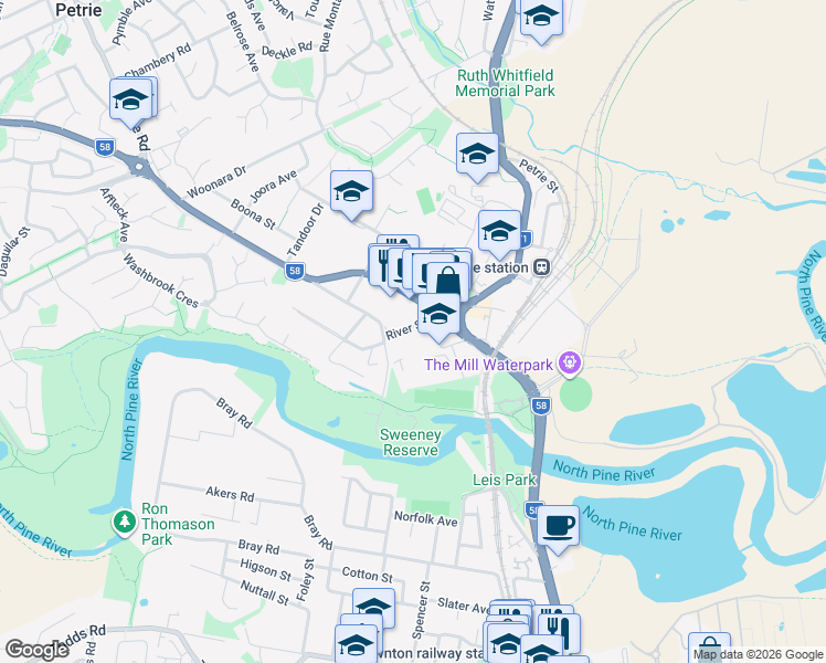 map of restaurants, bars, coffee shops, grocery stores, and more near 15 River Street in Petrie