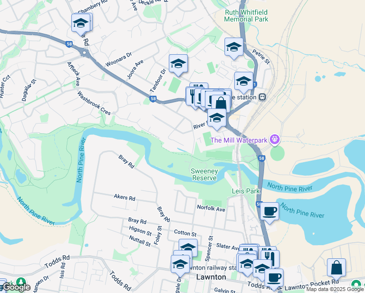 map of restaurants, bars, coffee shops, grocery stores, and more near 9 Houghton Street in Petrie