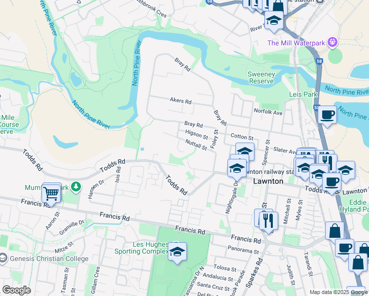 map of restaurants, bars, coffee shops, grocery stores, and more near 5 Platypus Court in Lawnton
