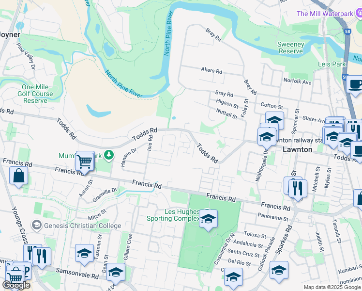 map of restaurants, bars, coffee shops, grocery stores, and more near 115 Todds Road in Lawnton