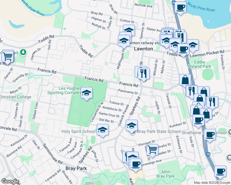 map of restaurants, bars, coffee shops, grocery stores, and more near 4 Highview Street in Bray Park