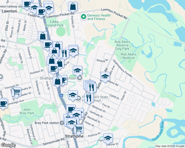 map of restaurants, bars, coffee shops, grocery stores, and more near 22 Wirraway Street in Strathpine