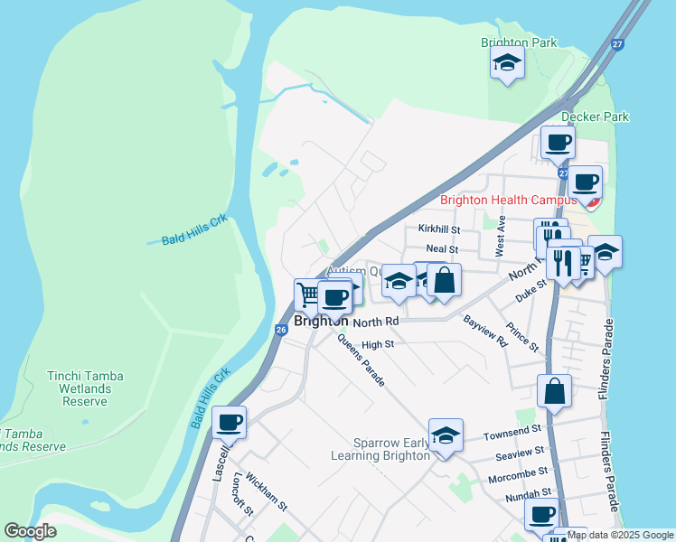map of restaurants, bars, coffee shops, grocery stores, and more near 21 Rensburg Street in Brighton