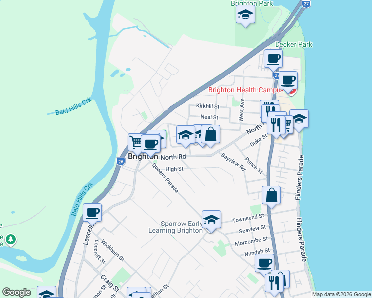 map of restaurants, bars, coffee shops, grocery stores, and more near 74 North Road in Brighton