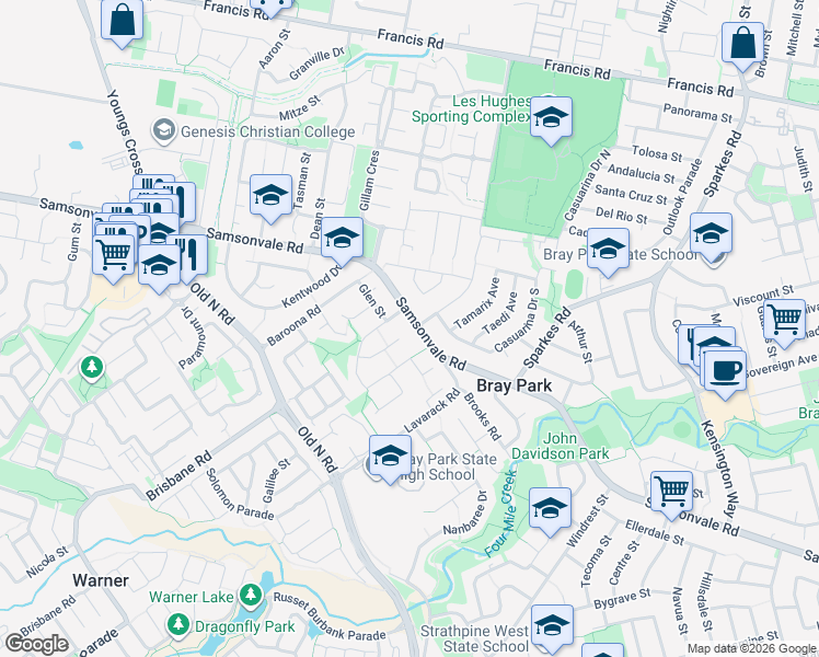 map of restaurants, bars, coffee shops, grocery stores, and more near 257 Samsonvale Road in Bray Park