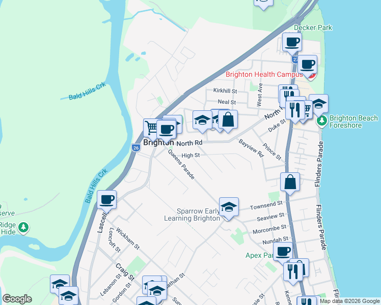 map of restaurants, bars, coffee shops, grocery stores, and more near 26 High Street in Brighton