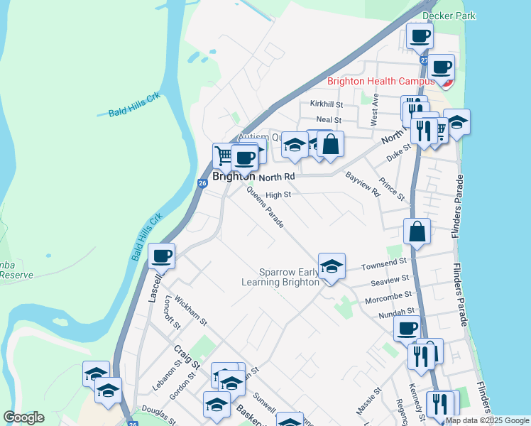 map of restaurants, bars, coffee shops, grocery stores, and more near 228 Queens Parade in Brighton