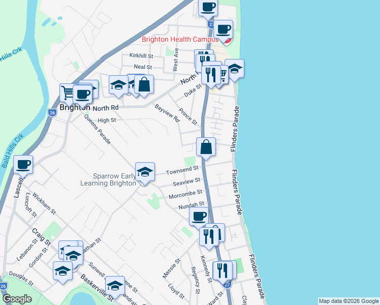 map of restaurants, bars, coffee shops, grocery stores, and more near 8D Shepherd Street in Brighton