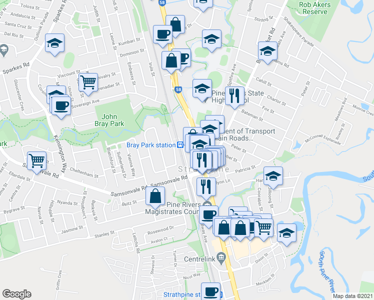 map of restaurants, bars, coffee shops, grocery stores, and more near 29 Railway Avenue in Strathpine