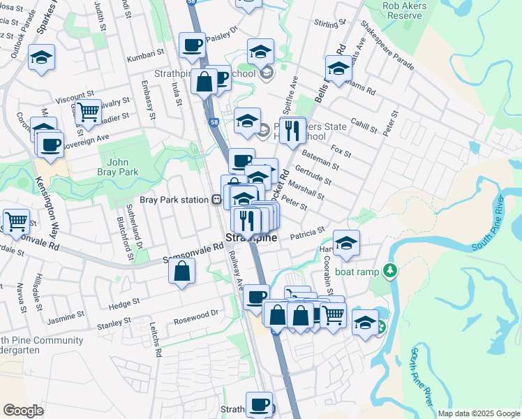 map of restaurants, bars, coffee shops, grocery stores, and more near 51 Bells Pocket Road in Strathpine