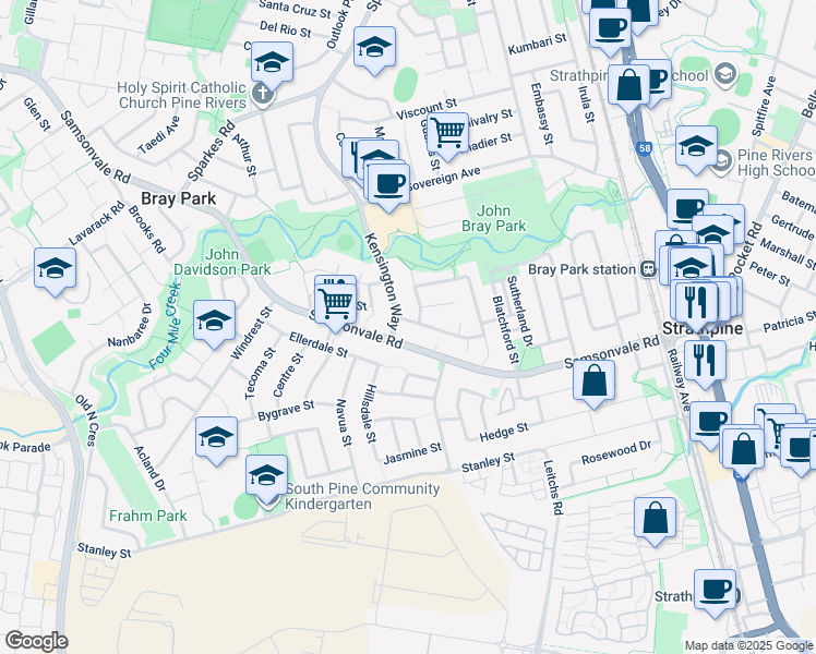 map of restaurants, bars, coffee shops, grocery stores, and more near 4 Cheltenham Street in Strathpine