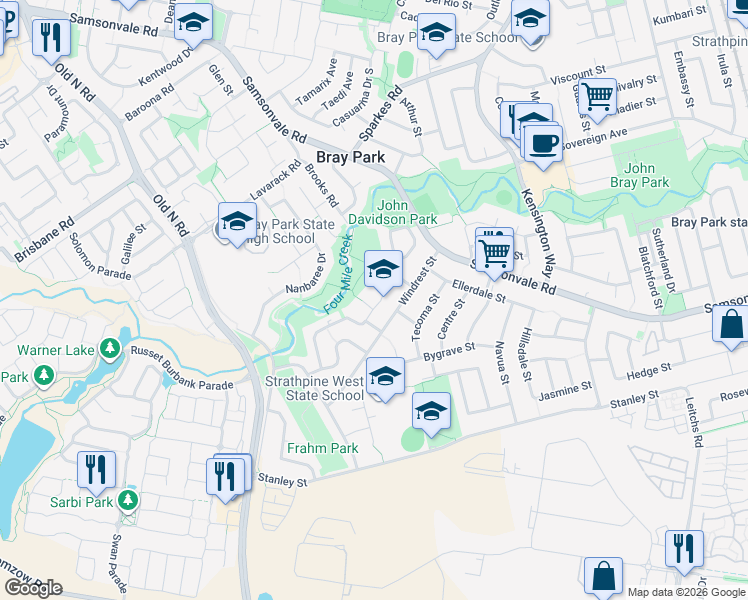 map of restaurants, bars, coffee shops, grocery stores, and more near 49 Calala Drive in Strathpine