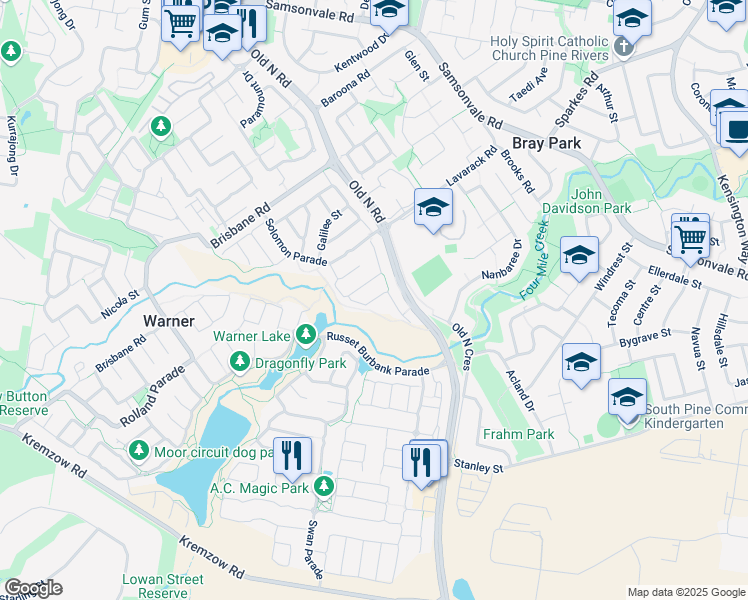 map of restaurants, bars, coffee shops, grocery stores, and more near Centenary Court in Warner