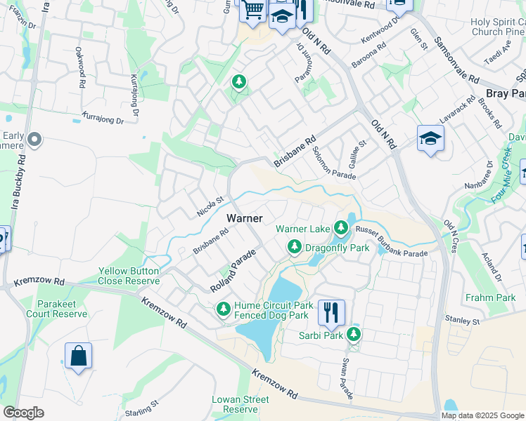 map of restaurants, bars, coffee shops, grocery stores, and more near 14 Castlewellan Circuit in Warner