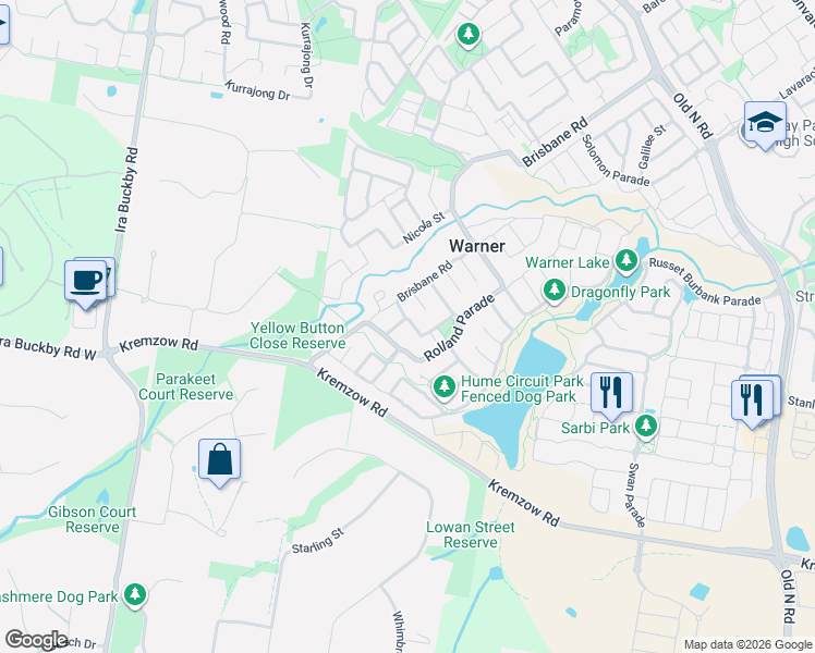map of restaurants, bars, coffee shops, grocery stores, and more near 2 Corella Crescent in Warner