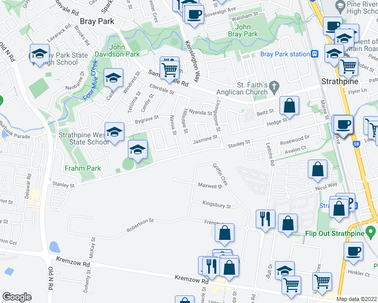 map of restaurants, bars, coffee shops, grocery stores, and more near 148 Stanley Street in Strathpine