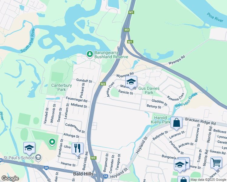 map of restaurants, bars, coffee shops, grocery stores, and more near 36 Sanicle Street in Bald Hills