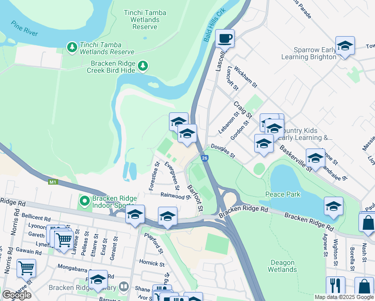 map of restaurants, bars, coffee shops, grocery stores, and more near 68 Barfoot Street in Bracken Ridge