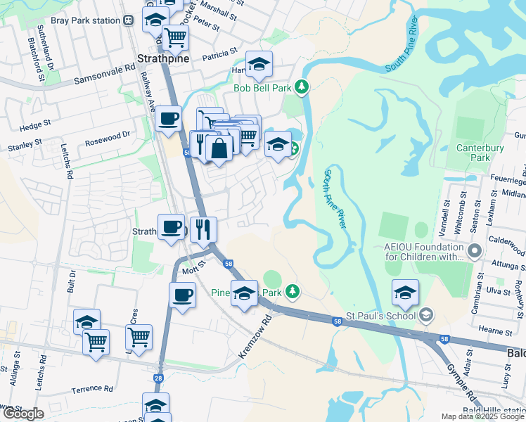 map of restaurants, bars, coffee shops, grocery stores, and more near 38 Mecklem Street in Strathpine