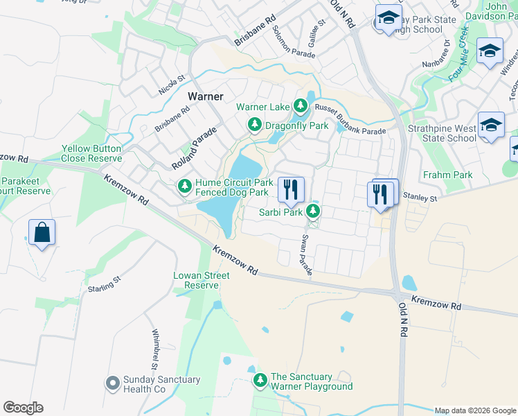 map of restaurants, bars, coffee shops, grocery stores, and more near 61 Comet Circuit in Warner