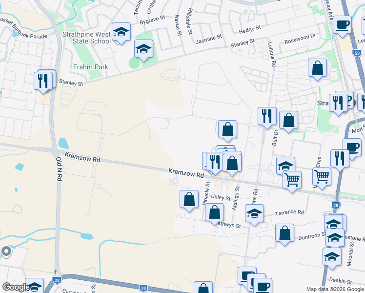 map of restaurants, bars, coffee shops, grocery stores, and more near 68 Kremzow Road in Brendale