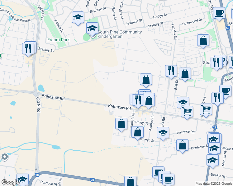 map of restaurants, bars, coffee shops, grocery stores, and more near 68 Kremzow Road in Brendale