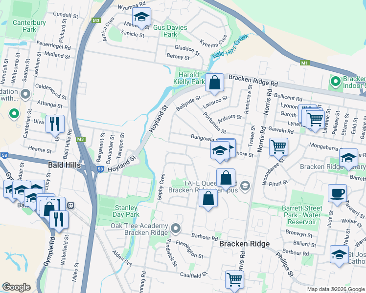 map of restaurants, bars, coffee shops, grocery stores, and more near 70 Greenore Street in Bracken Ridge