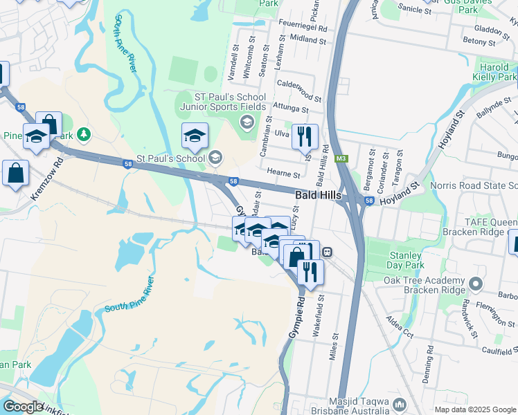 map of restaurants, bars, coffee shops, grocery stores, and more near 1 Windeyer Street in Bald Hills