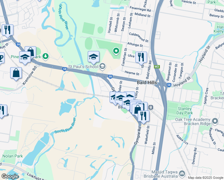 map of restaurants, bars, coffee shops, grocery stores, and more near 2202 Gympie Road in Bald Hills