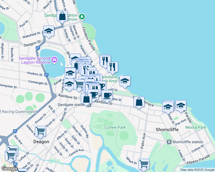 map of restaurants, bars, coffee shops, grocery stores, and more near 27 Second Avenue in Sandgate