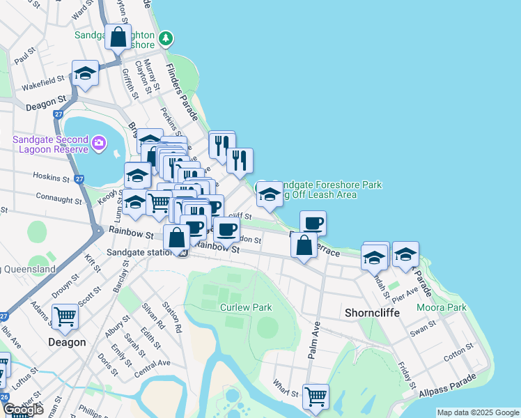 map of restaurants, bars, coffee shops, grocery stores, and more near 16 Flinders Parade in Sandgate