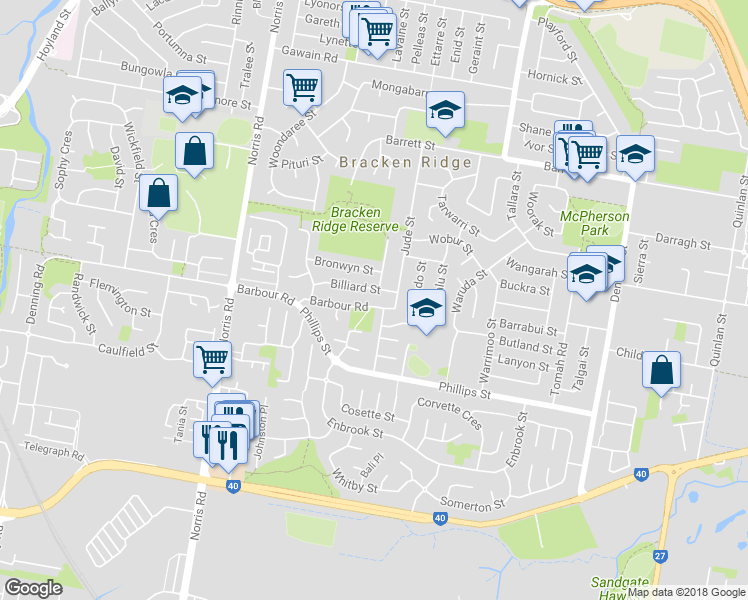 map of restaurants, bars, coffee shops, grocery stores, and more near 19 Barbour Road in Bracken Ridge