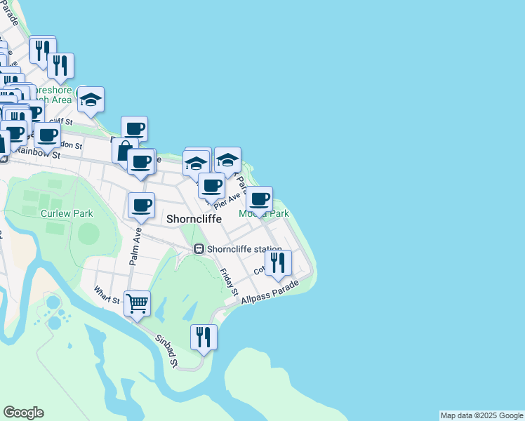map of restaurants, bars, coffee shops, grocery stores, and more near 65 Park Parade in Shorncliffe