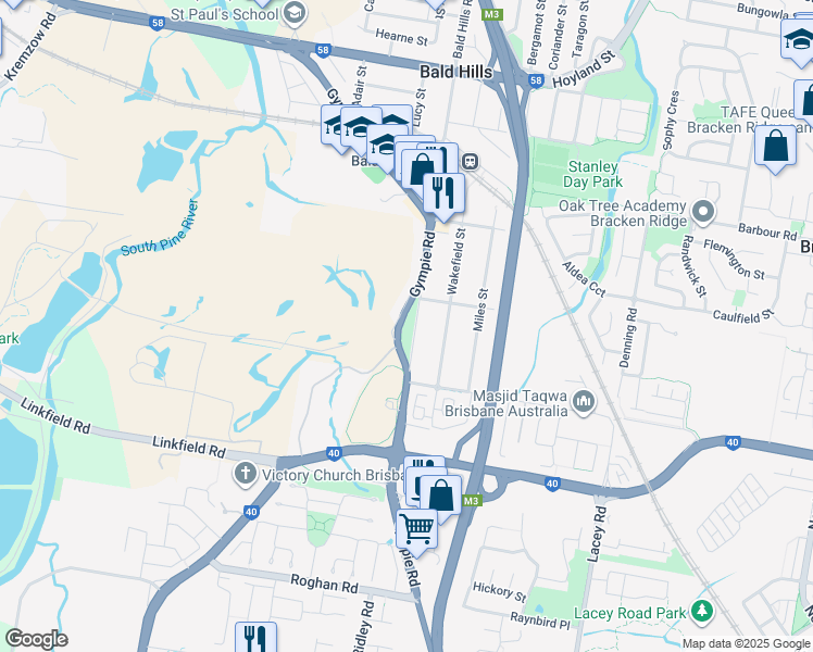 map of restaurants, bars, coffee shops, grocery stores, and more near 2019 Gympie Road in Bald Hills