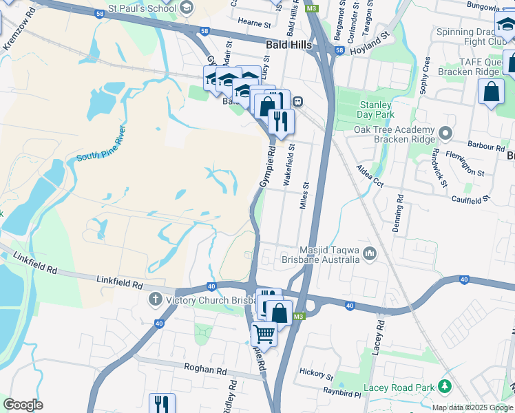 map of restaurants, bars, coffee shops, grocery stores, and more near 2019 Gympie Road in Bald Hills