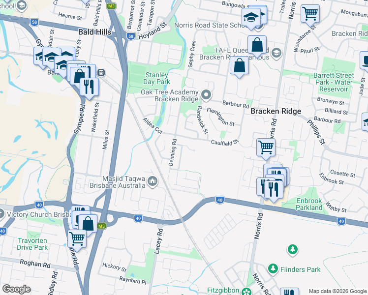 map of restaurants, bars, coffee shops, grocery stores, and more near 10 Wodala Crescent in Bracken Ridge