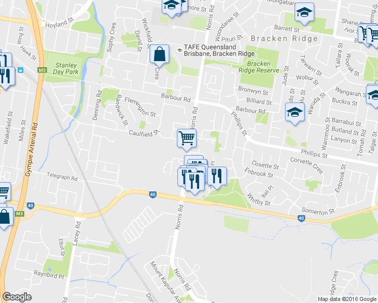map of restaurants, bars, coffee shops, grocery stores, and more near 27 Whyalla Close in Bracken Ridge