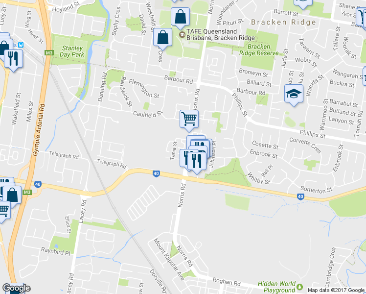 map of restaurants, bars, coffee shops, grocery stores, and more near 253-267 Norris Road in Bracken Ridge
