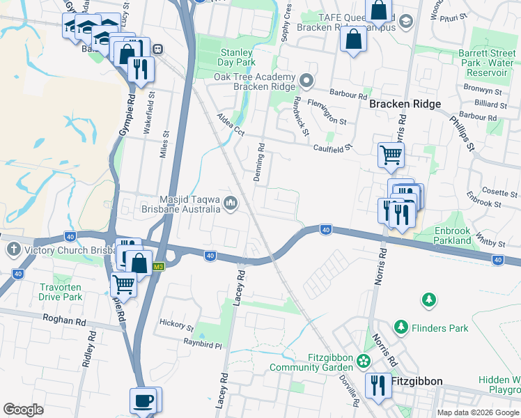 map of restaurants, bars, coffee shops, grocery stores, and more near 15 Elwick Place in Bracken Ridge